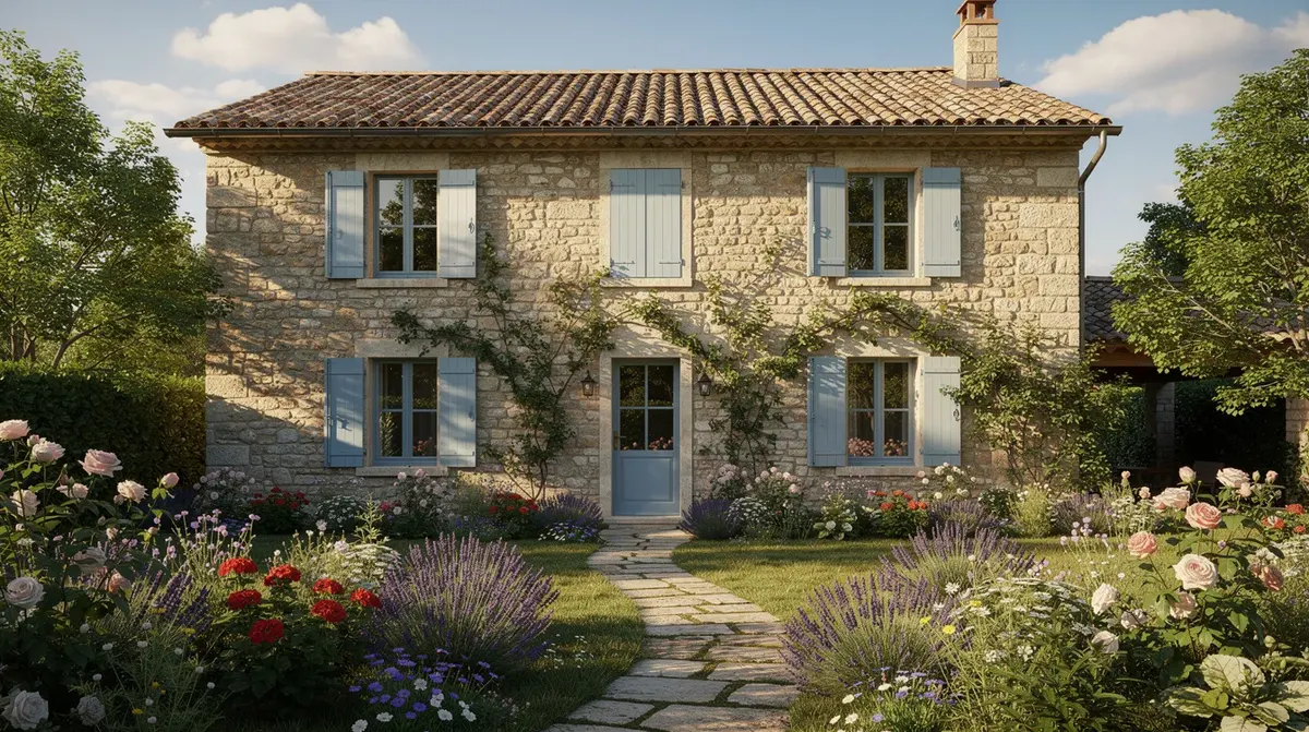 Cette image montre une charmante maison d'hôtes en pierre, ornée de volets bleus, entourée d'un jardin fleuri vibrant en été. L'atmosphère paisible et accueillante de cet hébergement est idéale pour les hôtes en quête de détente et de confort.