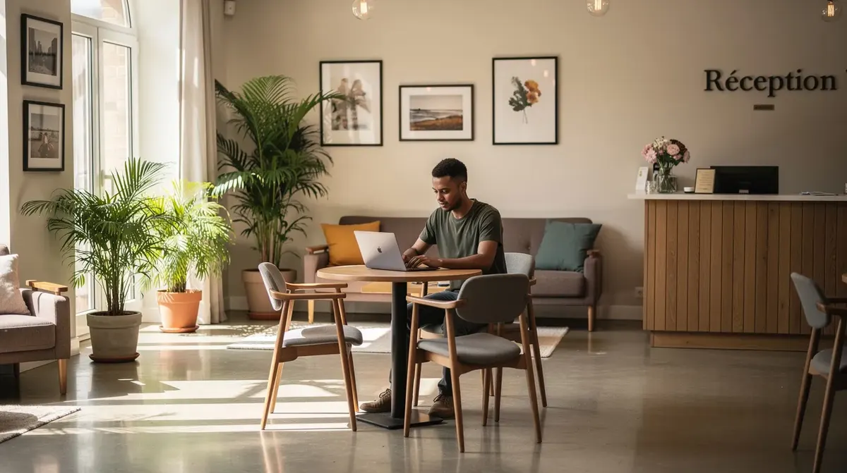 Une personne est assise dans le lobby lumineux d'un petit hôtel, travaillant sur un ordinateur portable. L'environnement est accueillant et moderne, idéal pour les hôteliers souhaitant gérer leurs réservations et améliorer leur service client grâce à des outils comme un channel manager ou un moteur de réservation.