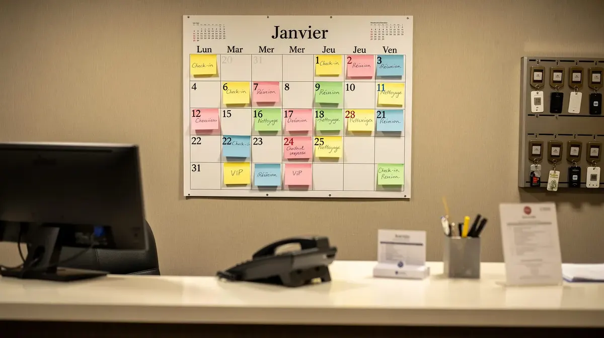 L'image montre un calendrier mural accroché dans un bureau de réception d'hôtel, décoré de post-it colorés qui semblent contenir des notes et des rappels importants. Ce tableau peut aider les hôteliers à gérer efficacement leurs réservations et à améliorer leur service client grâce à une meilleure organisation.