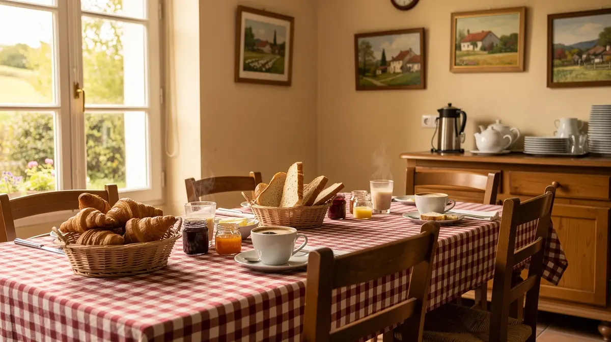 Une salle de petit-déjeuner chaleureuse est mise en scène avec des nappes à carreaux et des croissants frais disposés sur une table, créant une ambiance accueillante pour les hôtes d'une maison d'hôtes. Cette image évoque un moment convivial, idéal pour démarrer la journée dans un cadre agréable.