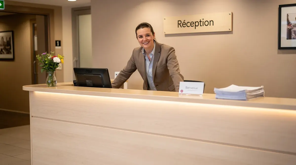 Un propriétaire d'hôtel souriant se tient derrière un comptoir de réception en bois clair, prêt à accueillir ses clients. Ce moment convivial reflète l'engagement des hôteliers à offrir un service de qualité et une expérience agréable à leurs visiteurs.
