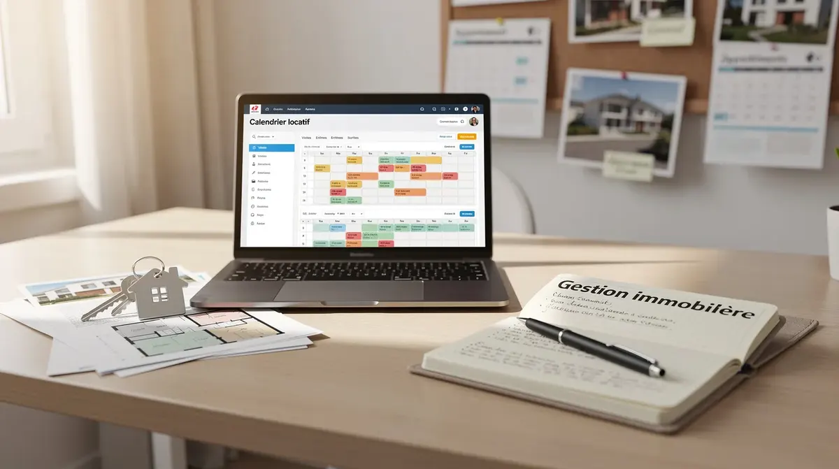 L'image montre un bureau de travail avec un ordinateur portable affichant plusieurs calendriers et un carnet de notes, créant une ambiance propice à la gestion immobilière. Ce décor reflète l'organisation et l'efficacité nécessaires pour optimiser les réservations et la performance dans le secteur de la location saisonnière.