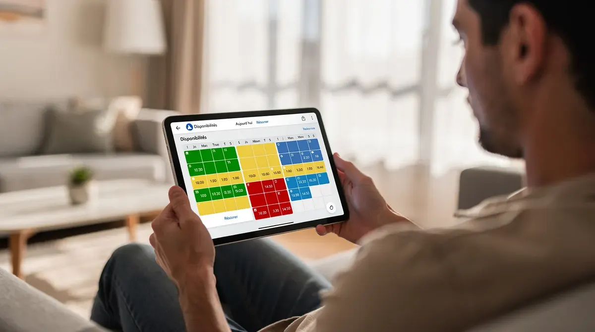 Une personne est assise dans un salon lumineux, utilisant une tablette pour consulter des calendriers de disponibilités colorés, probablement en lien avec un système de gestion comme beds24 pour optimiser ses réservations. L'ambiance est accueillante et moderne, reflétant une gestion efficace de la location saisonnière.