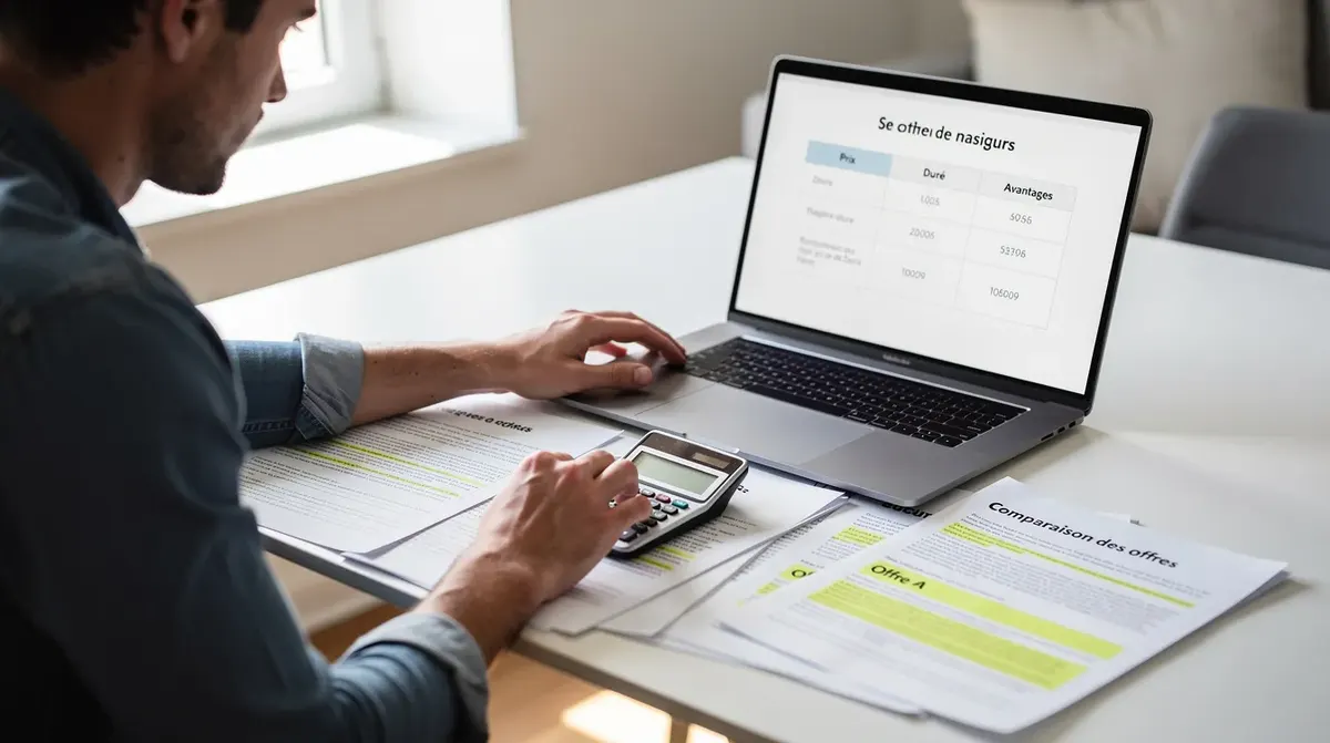 Une personne est assise à une table, utilisant un ordinateur portable et une calculatrice pour comparer des offres de location saisonnière. L'image illustre l'importance d'un bon gestionnaire de canaux, comme beds24, pour optimiser les tarifs et la performance des réservations.