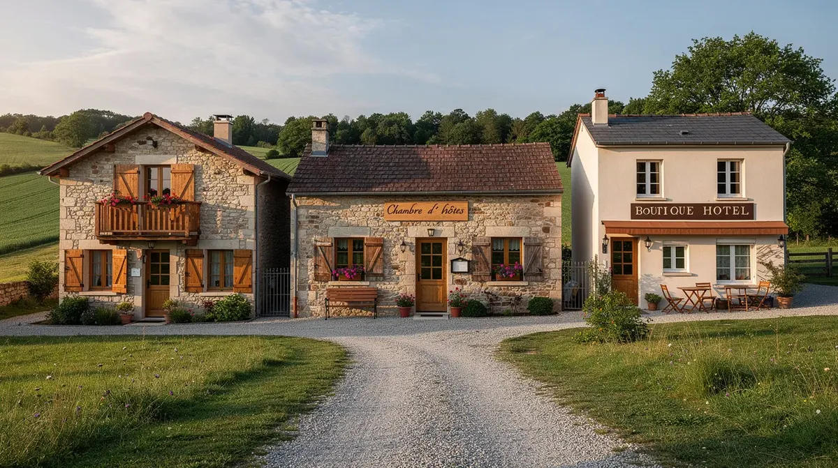 L'image montre différents types d'hébergements touristiques alignés dans un cadre campagnard, incluant un appartement, une chambre d'hôtes et un petit hôtel, offrant ainsi une variété de choix pour les voyageurs. Ces options d'hébergement sont idéales pour ceux qui recherchent une expérience authentique et confortable dans la nature.