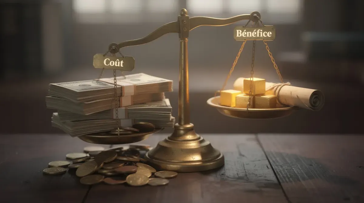 L'image montre une balance ancienne avec un côté lourd, symbolisant les coûts, et un côté léger, représentant les bénéfices, illustrant ainsi le concept de rapport coût-bénéfice. Cette représentation évoque l'importance de la gestion des coûts et des bénéfices dans le secteur de la location saisonnière et des services associés.