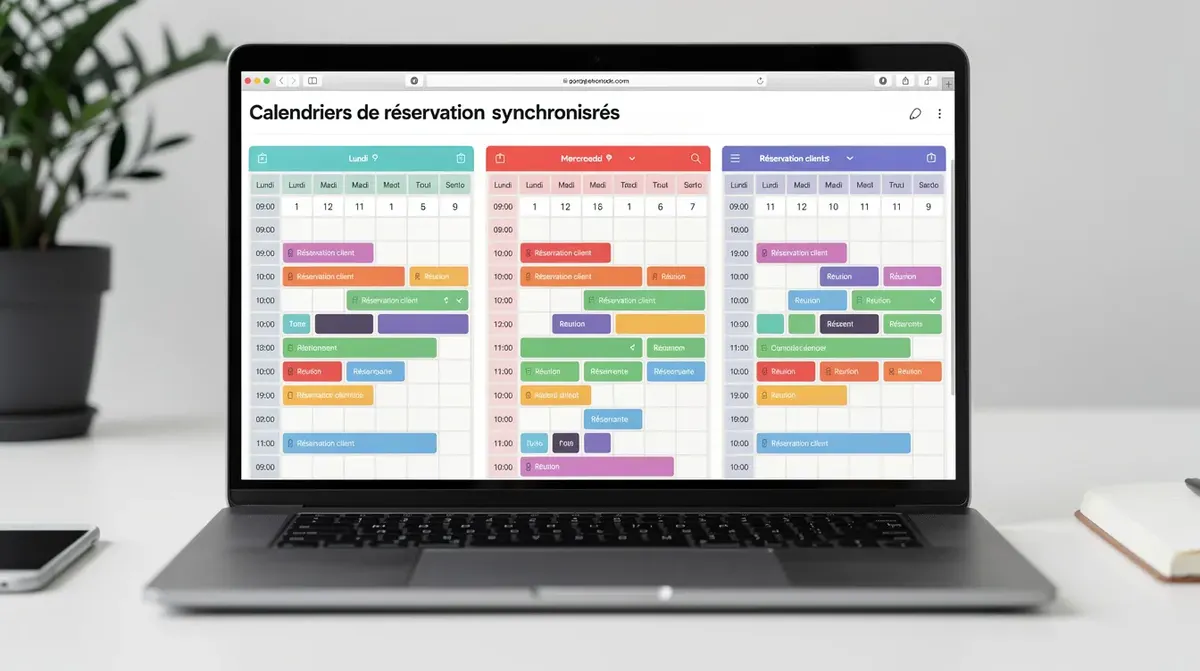 L'image montre un ordinateur portable avec plusieurs calendriers de réservation synchronisés, illustrant une gestion efficace des locations saisonnières. Ce logiciel de gestion permet aux propriétaires de suivre facilement leurs réservations sur différentes plateformes comme Airbnb, assurant ainsi une mise à jour en temps réel des disponibilités.