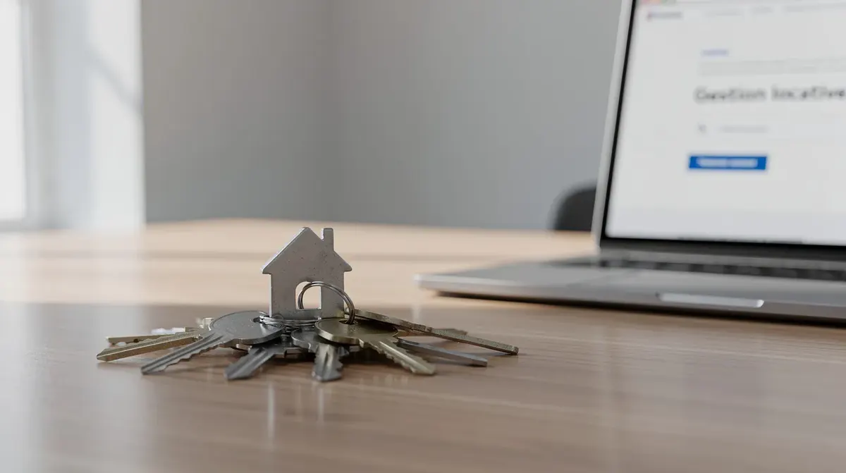 L'image montre des clés de propriétés posées sur un bureau, à côté d'un ordinateur portable, suggérant une activité de gestion de location saisonnière. Cette scène évoque l'utilisation d'un logiciel de location pour gérer les réservations et la communication avec les clients.