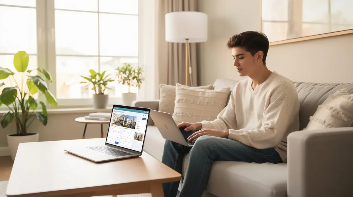 Une personne est assise dans un salon lumineux, gérant ses locations saisonnières sur un ordinateur portable. L'image évoque la gestion efficace de biens immobiliers, soulignant l'importance de la plateforme et des outils comme Lodgify et Airbnb pour optimiser les performances et la satisfaction des hôtes.