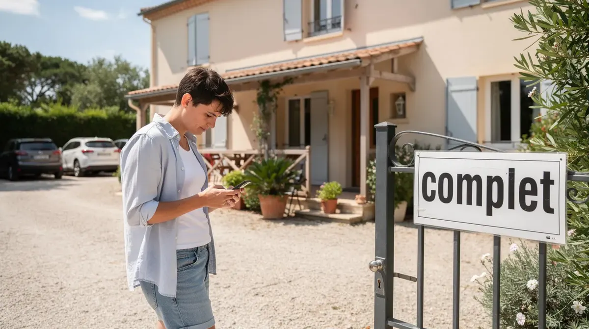 Une personne consulte son téléphone devant une maison de vacances, où un panneau indique "complet". Cette scène évoque l'importance de la gestion des réservations et de la vérification des disponibilités sur des plateformes comme Airbnb ou Booking.com.