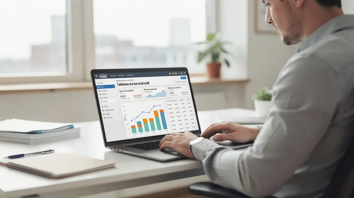 Une personne consulte un tableau de bord de gestion locative sur un ordinateur portable dans un bureau lumineux, mettant en avant des fonctionnalités de gestion et de reporting financier. Ce tableau de bord pourrait faire partie d'un logiciel comme Hostaway, qui propose des solutions pour la gestion des réservations et des propriétés en location saisonnière.