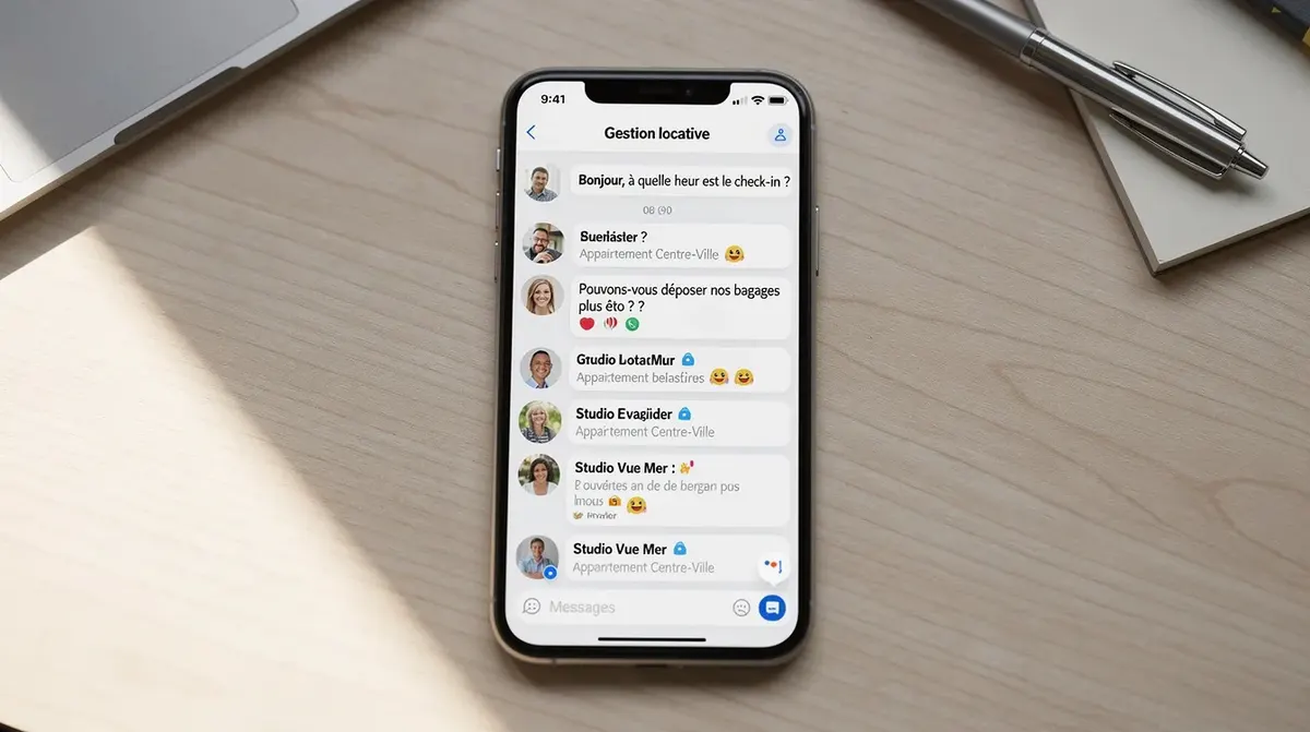 Un smartphone affiche des notifications de messages de voyageurs dans une application de gestion locative, illustrant les fonctionnalités de communication et de support client offertes par des solutions comme Hostaway pour les propriétaires de biens en location saisonnière. L'écran montre des alertes en temps réel, soulignant l'importance de la réactivité dans la gestion des réservations.