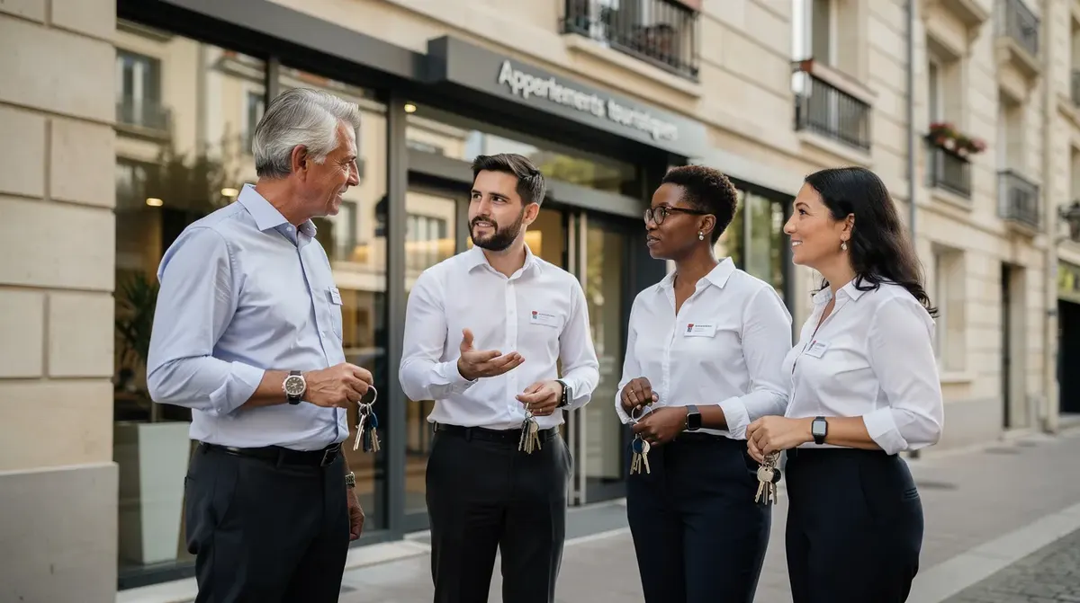 Une équipe de conciergerie discute devant un immeuble d'appartements touristiques, tenant des clés en main, symbolisant leur rôle dans la gestion et la sécurité des locations saisonnières. Cette scène illustre l'importance du service client et de la communication dans le secteur de la location courte durée.
