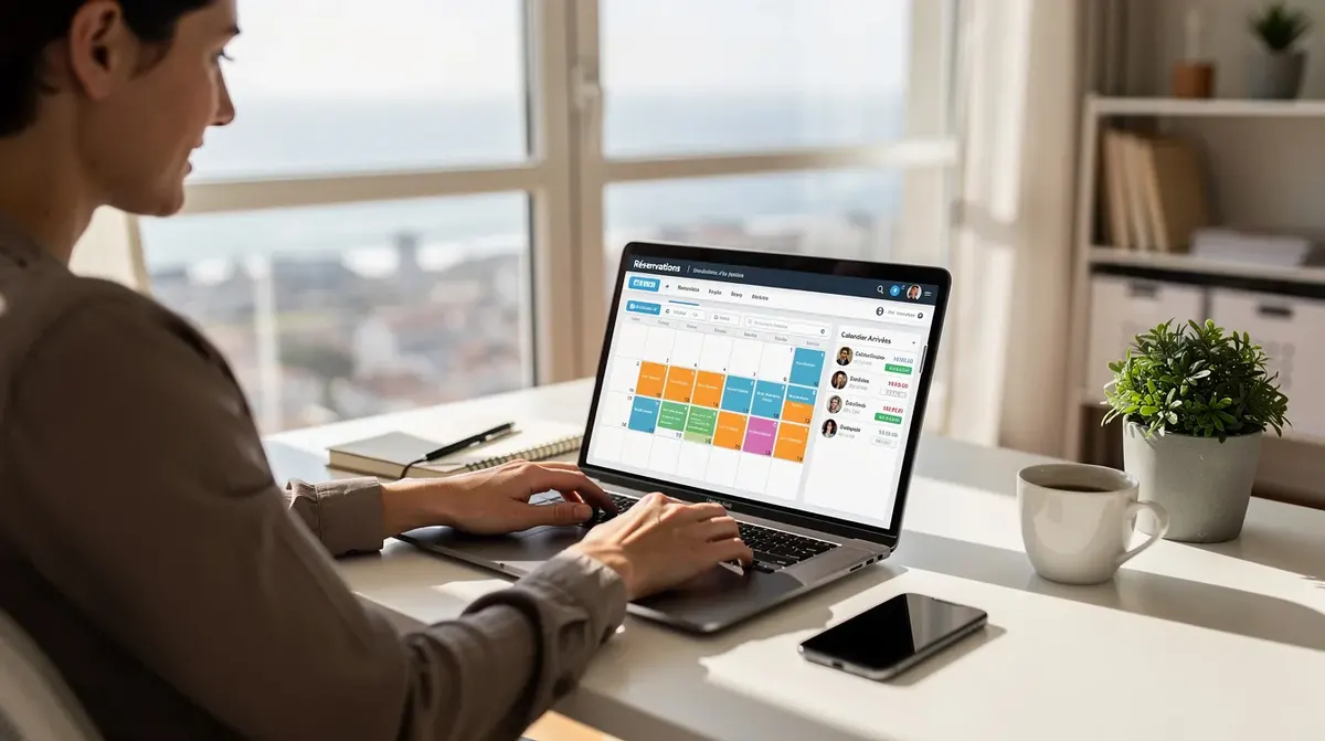 Une personne est assise à un bureau lumineux, gérant des réservations de locations saisonnières sur un ordinateur portable, utilisant un logiciel de gestion pour simplifier la gestion des réservations et éviter les doubles réservations. L'environnement est accueillant, ce qui reflète une prise en main facile des outils de gestion proposés par Lodgify.