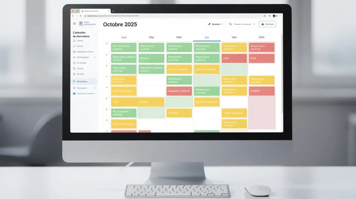 L'image montre un calendrier de réservations sur l'écran d'un ordinateur, avec des codes couleur qui indiquent les différentes disponibilités et réservations. Cet outil de gestion, souvent utilisé par les propriétaires de locations saisonnières, facilite la prise en main des réservations directes et la synchronisation avec des plateformes comme Airbnb et Booking.com.