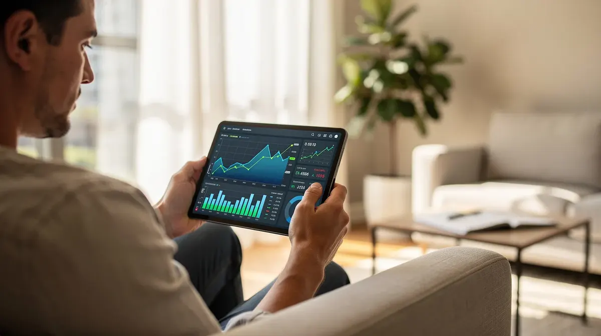 Une personne consulte des données financières sur une tablette dans un salon lumineux, illustrant l'utilisation d'outils de gestion pour optimiser les réservations et la tarification dynamique dans le cadre de locations saisonnières. L'ambiance est moderne et accueillante, soulignant l'importance de la gestion locative efficace.