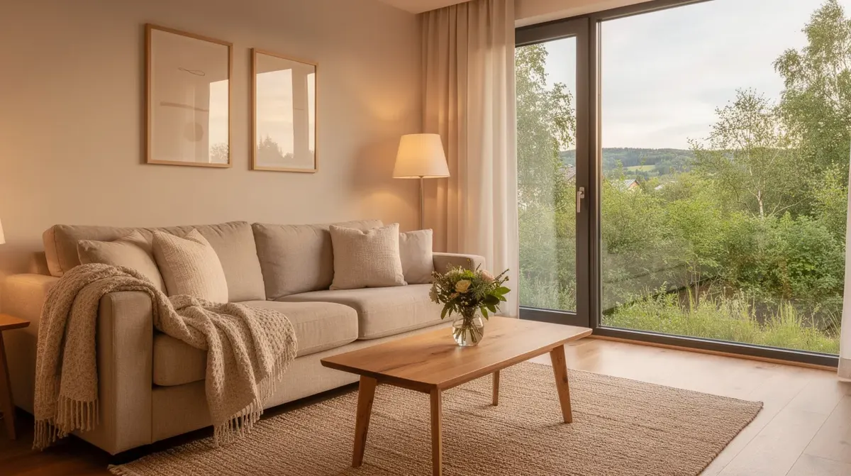 L'image montre un intérieur chaleureux d'une location de vacances, avec un canapé confortable placé près d'une grande fenêtre offrant une vue apaisante sur la nature environnante. Ce cadre invite à la détente, parfait pour profiter de vacances sans prise de tête.