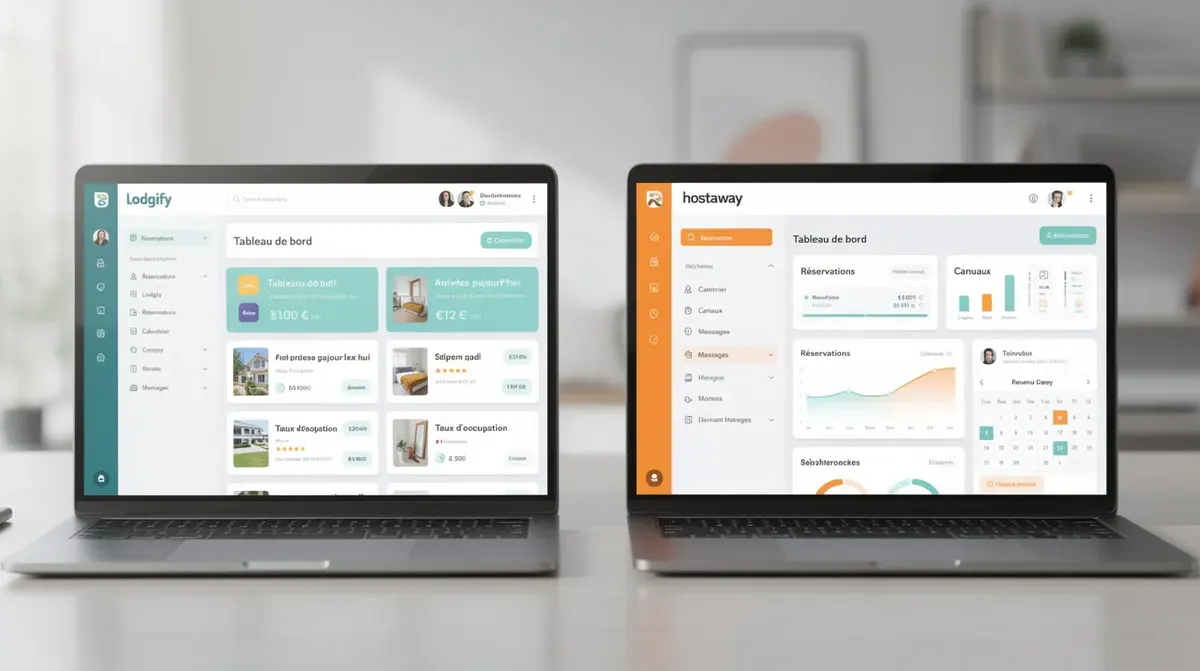 L'image présente des captures d'écran des interfaces utilisateur de Lodgify et Hostaway, mettant en évidence leurs designs et ergonomies respectifs. Cela permet de comparer visuellement l'expérience utilisateur et les fonctionnalités des deux logiciels de gestion de location saisonnière.