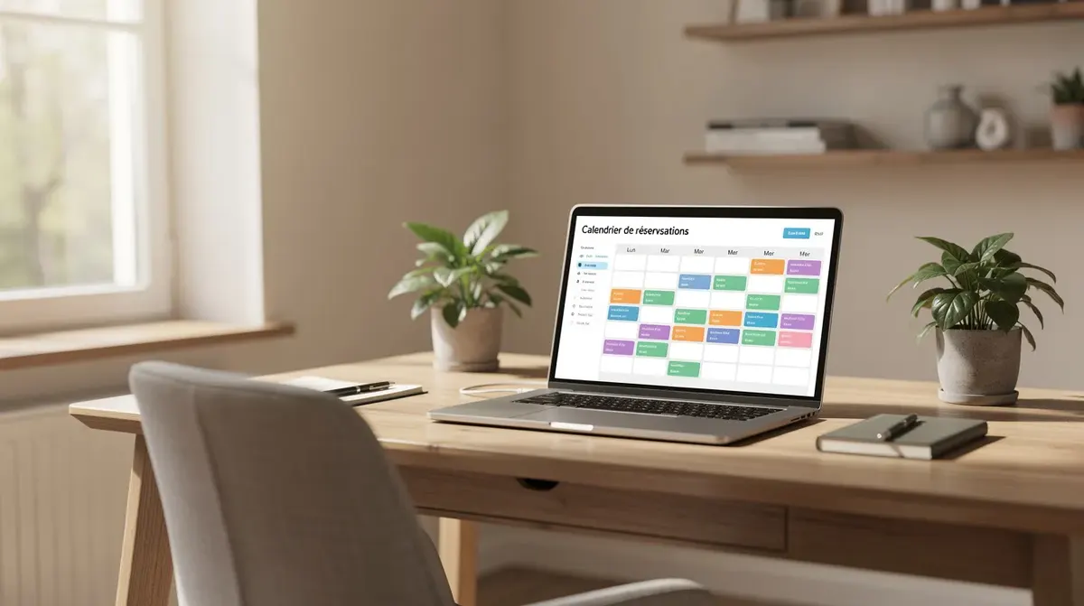 L'image montre un espace de travail lumineux et accueillant, avec un ordinateur portable ouvert affichant un calendrier de réservations. Ce bureau à domicile cosy est idéal pour la gestion de locations saisonnières, permettant aux utilisateurs de suivre leurs réservations directes avec des outils comme le channel manager de Smoobu.