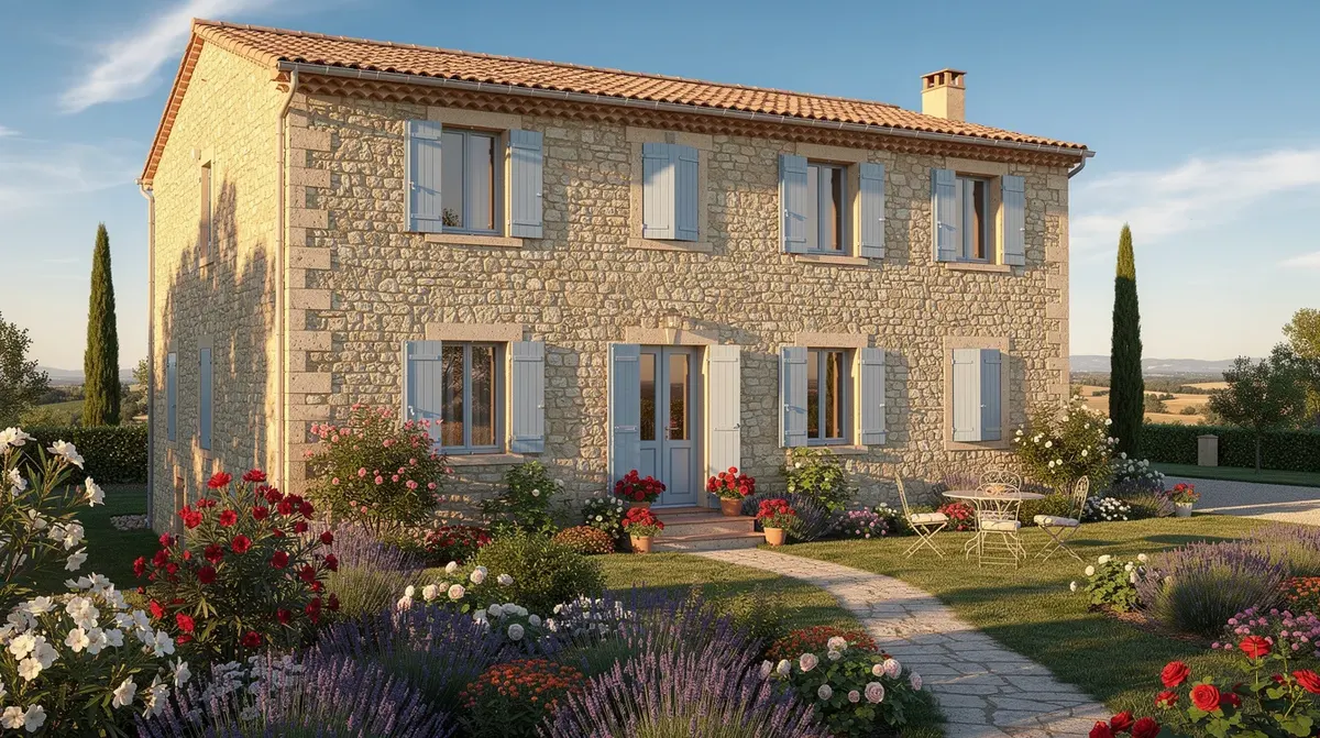 Cette image montre une maison de vacances en pierre, typique du sud de la France, avec des volets bleus et un jardin fleuri. Ce cadre idyllique est parfait pour les voyageurs à la recherche d'une location saisonnière, offrant une ambiance chaleureuse et accueillante.