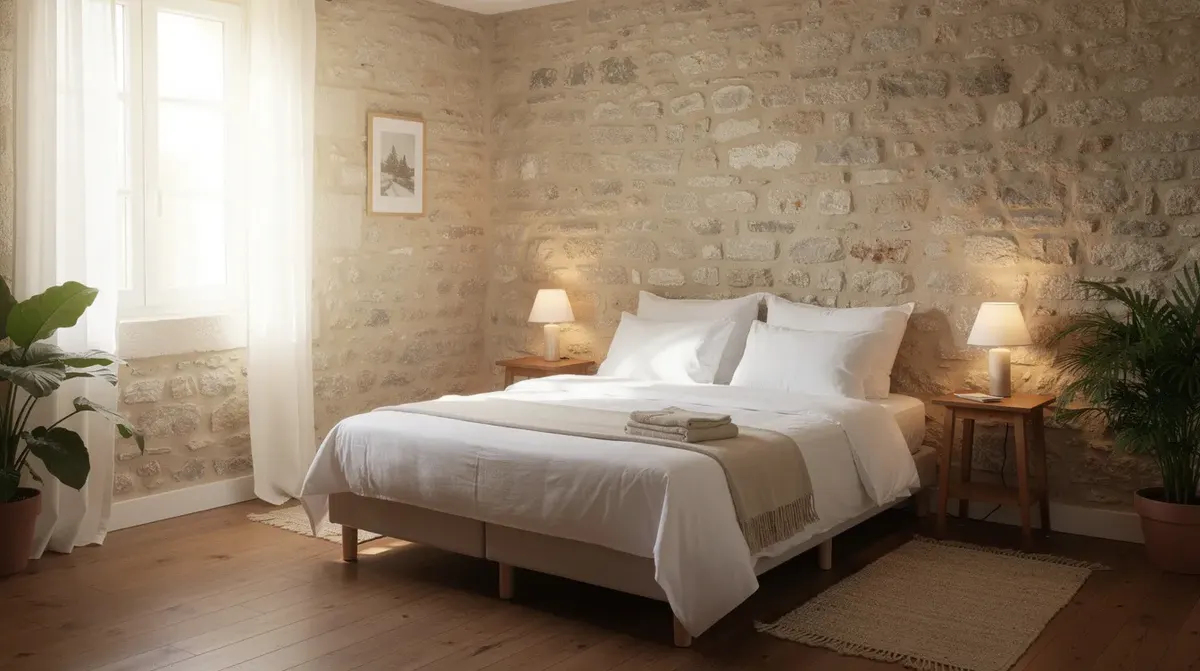 Cette image montre une chambre d'hôtes chaleureuse, avec un lit blanc confortable, des murs en pierre apparente et une lumière naturelle douce qui illumine l'espace. Cet environnement accueillant est idéal pour les voyageurs cherchant une expérience authentique en location saisonnière.