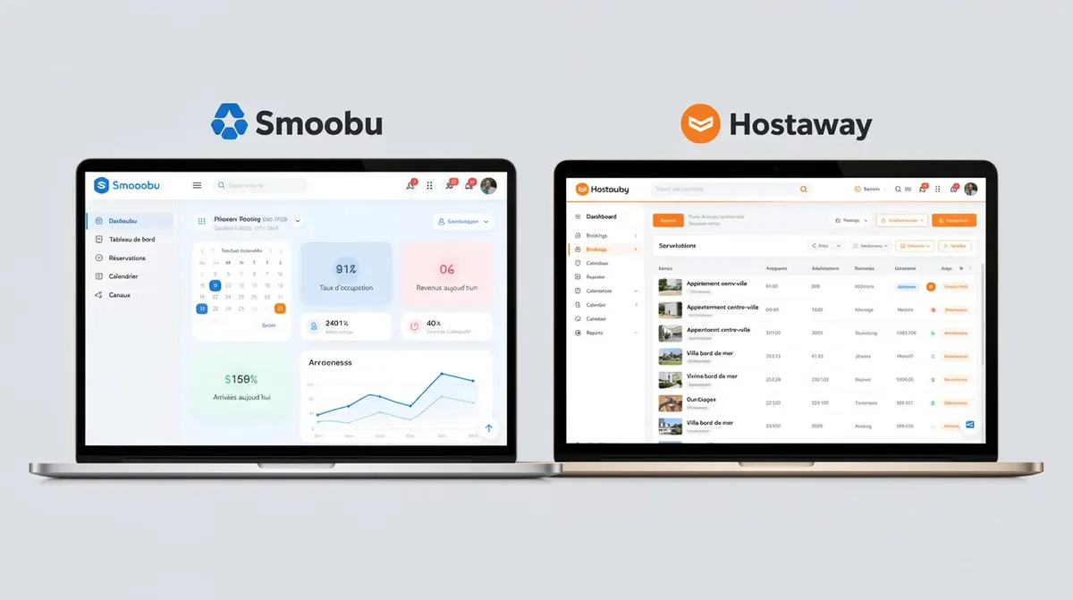 L'image présente des captures d'écran des tableaux de bord de Smoobu et de Hostaway, mettant en avant l'ergonomie et le design de ces logiciels de gestion de locations saisonnières. Cette comparaison visuelle permet de mieux comprendre les fonctionnalités et l'expérience utilisateur offertes par ces solutions de channel management.