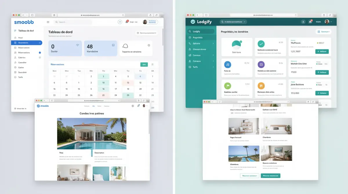 L'image présente des captures d'écran des tableaux de bord de Smoobu et Lodgify, mettant en évidence leurs interfaces de gestion pour les locations saisonnières. On peut y voir les fonctionnalités de création de site web et de gestion des réservations, offrant un aperçu de l'expérience utilisateur et des différences entre Smoobu et Lodgify.