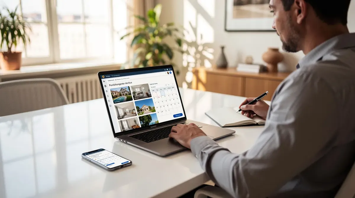 Une personne est assise à un bureau lumineux, utilisant un ordinateur portable pour gérer plusieurs propriétés de location saisonnière. L'image illustre l'efficacité d'un channel manager superhote, facilitant la gestion des réservations et des clients dans un environnement de travail moderne.