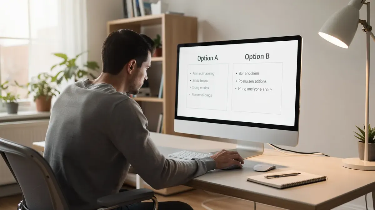 Une personne est assise dans un bureau moderne, examinant attentivement deux options sur un écran d'ordinateur. Ce moment de comparaison illustre l'importance de la gestion efficace pour les loueurs en courte durée, utilisant des outils adaptés comme un channel manager pour optimiser leurs réservations.