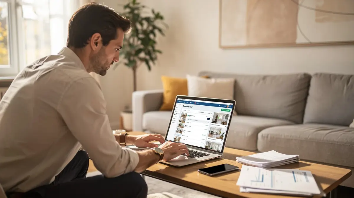Un hôte professionnel gère plusieurs locations de courte durée depuis un ordinateur portable, assis dans un salon lumineux. L'image illustre l'utilisation d'un logiciel de gestion immobilière pour optimiser la communication avec les clients et gérer les réservations efficacement.