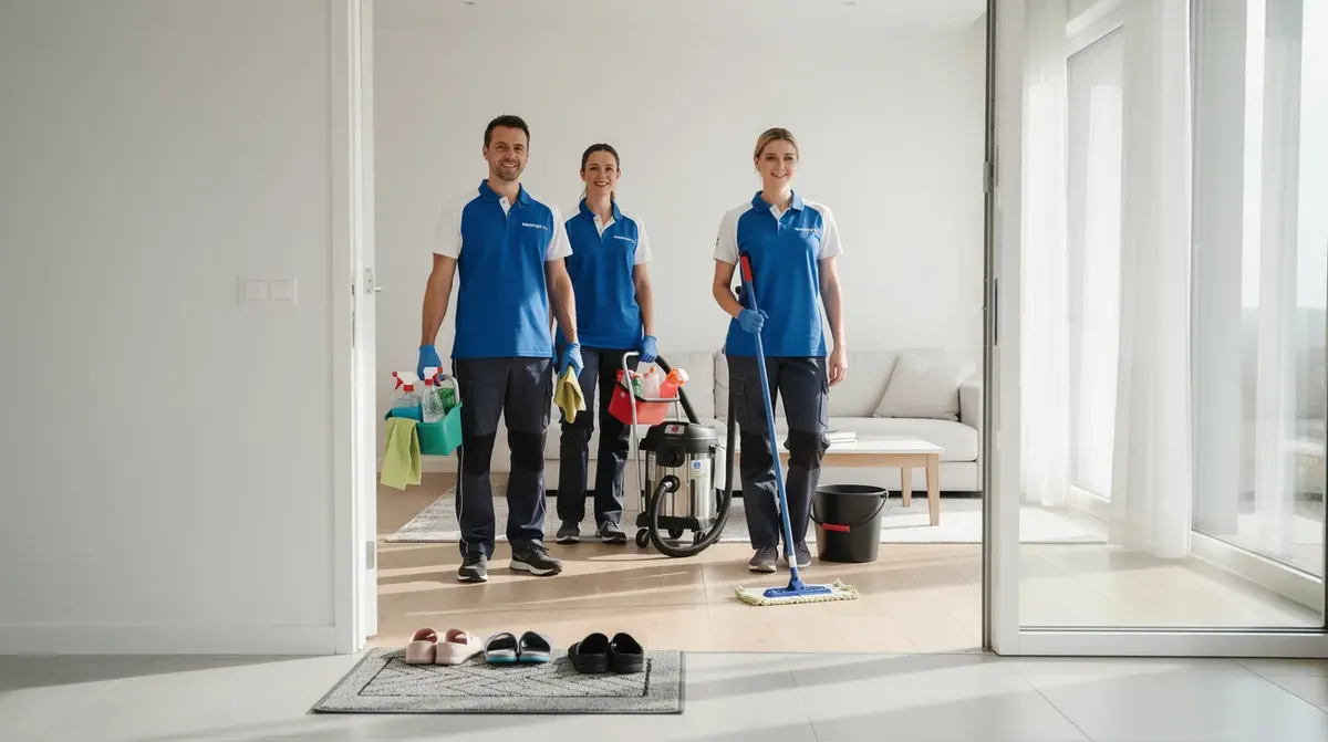 Une équipe de nettoyage professionnelle entre dans un appartement lumineux, prête à offrir un service de qualité pour les locations de courte durée. On peut apercevoir des outils de nettoyage et des produits d'entretien, témoignant de leur engagement envers la gestion immobilière et la satisfaction des clients.