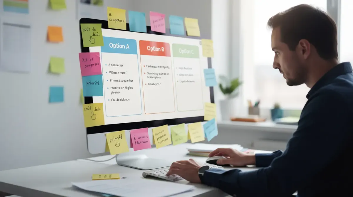 Une personne est assise devant un écran d'ordinateur, comparant différentes options de gestion immobilière, entourée de post-it colorés. Cette image illustre le processus de prise de décision pour les réservations de locations à court terme, mettant en avant l'importance de la communication avec les clients et la gestion des avis.